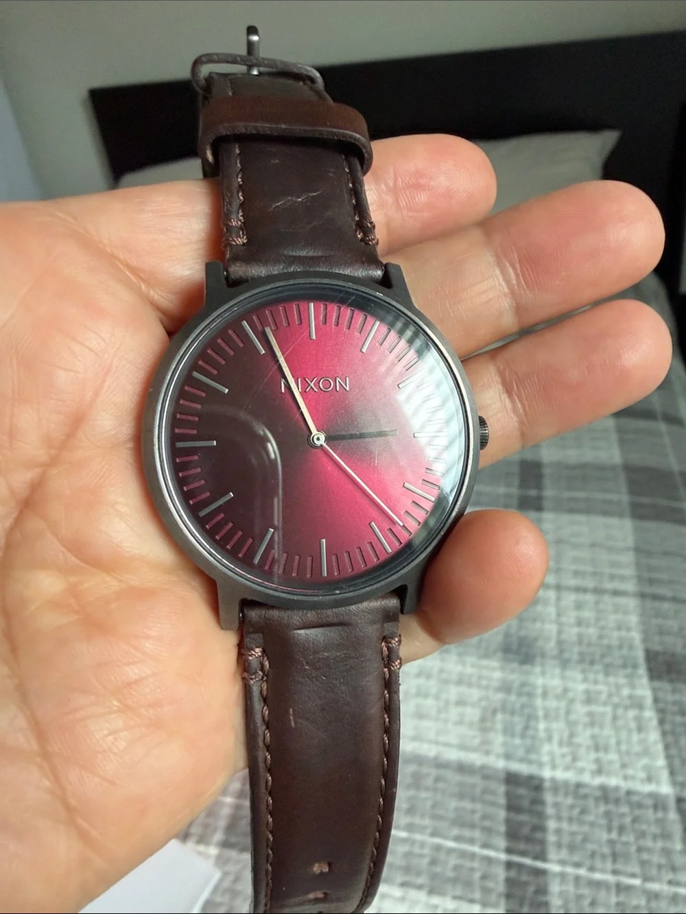 Nixon Red Sunburst Dial Watch with Brown Leather Band - Picture 11 of 11